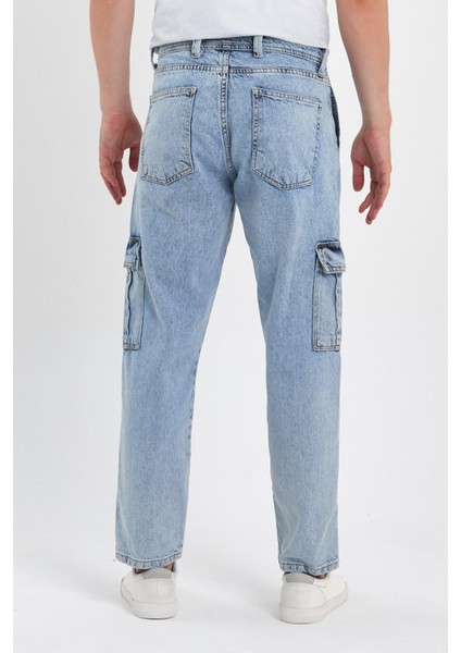 Beli Kemerli Rahat Kalıp Denim Taş Yıkamalı Kot Kargo Cep Pantolon Buz Mavi indirimleri