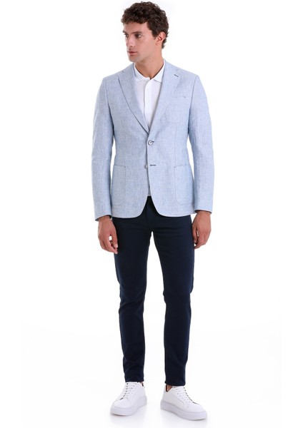 B. Mavi Slim Fit Düz Mono Yaka Casual Keten Ceket