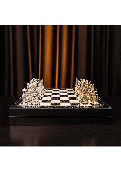 Gifthome Büyük Boy Metal Osmanlı-Bizans Satranç Tk. Parlak ve Mermer Desenli Sandıklı Mdf TAHTASI(36X36 Cm.)
