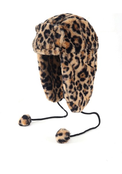 Suni Kürk Peluş Kulaklı Ponpon Detaylı Şapka - Leopar