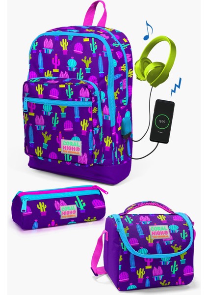 Kids Mor Pembe Kaktüs Desenli Usb'li 3’lü Okul Çanta Seti SET0123273
