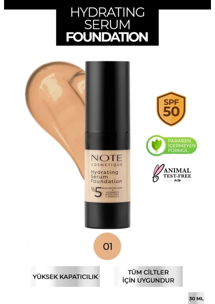 Hydrating Nemlendirici Etkili Hyaluronik Asitli SPF 50 Serum Fondöten 01