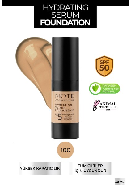 Hydrating Nemlendirici Etkili Hyaluronik Asitli SPF 50 Serum Fondöten 100