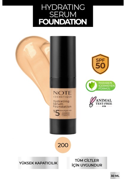 Hydrating Nemlendirici Etkili Hyaluronik Asitli SPF 50 Serum Fondöten 200