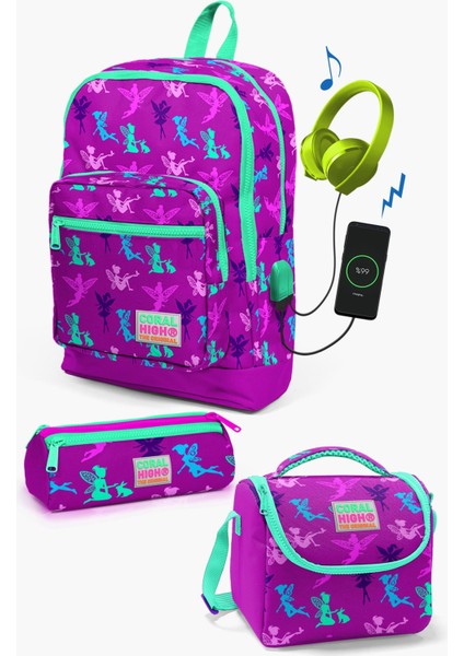 Kids Koyu Pembe Su Yeşili Peri Desenli Usb'li 3’lü Okul Çanta Seti SET0123274