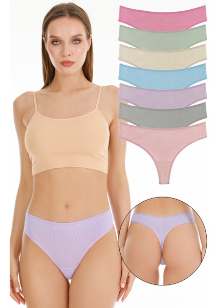 Kadın Fitilli Brazilian Tanga 7 Li Paket Set - Açık Renk