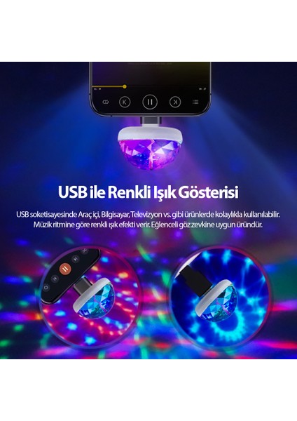 Araç Içi Oto Araba Disko Topu Sese Duyarlı LED USB LED Lamba