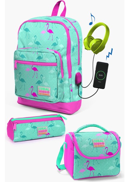 Kids Su Yeşili Neon Pembe Flamingo Desenli Usb'li 3’lü Okul Çanta Seti SET0123275