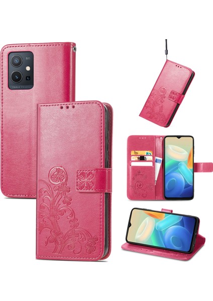 Vivo Y55 5g Gül Kırmızısı Için Dört Yaprağı Yonca Deri Kılıf (Yurt Dışından)