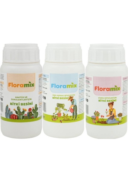 3'lü Floramix Bitki Besini 250ML (Çiçekli Bitki, Yeşil Yapraklı, Kaktüs)