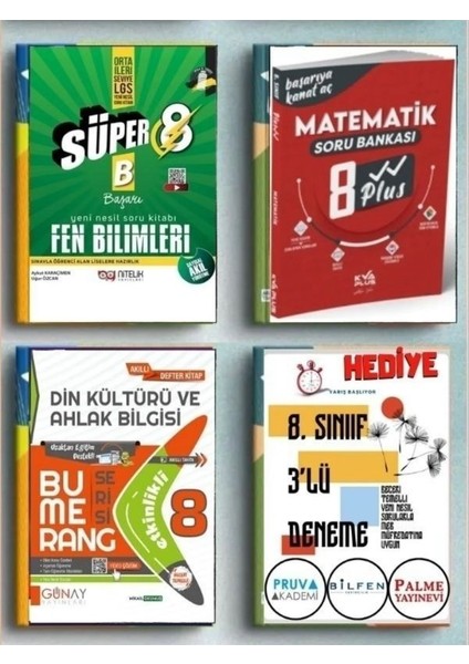 8.Sınıf Süper Fen + Matematik 8 Plus + Günay Bumerang Din Kültürü + 3'lü