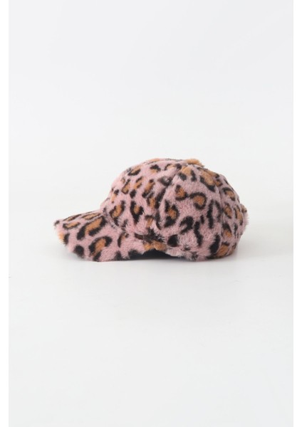 Leopar Suni Kürk Peluş Cap Şapka - Pembe