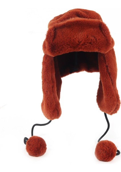 Suni Kürk Peluş Kulaklı Ponpon Detaylı Şapka - Taba