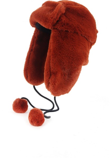 Suni Kürk Peluş Kulaklı Ponpon Detaylı Şapka - Taba fiyatları