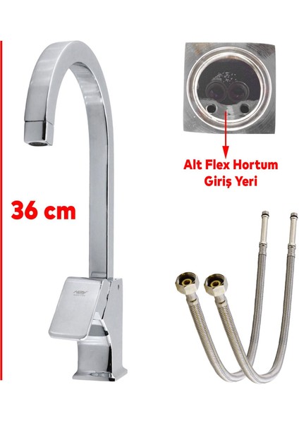 Kuğu Mix Uzun Banyo Lavabo Musluğu Eyve Sıcak Soğuk Çift Su Girişli Çeşmesi Bataryası 36 cm