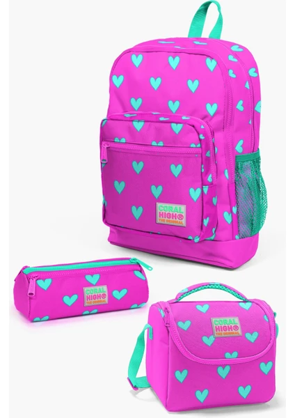 Coral High Kids Neon Pembe Su Yeşili Kalp Desenli 3’lü Okul Çanta Seti SET0123113