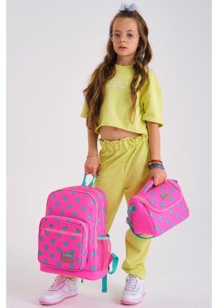 Coral High Kids Neon Pembe Su Yeşili Kalp Desenli 3’lü Okul Çanta Seti SET0123113