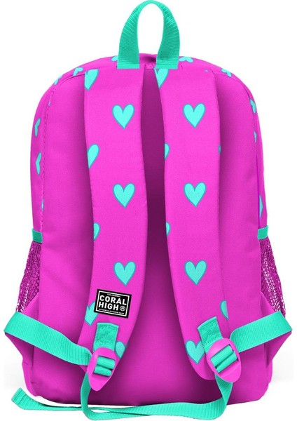 Coral High Kids Neon Pembe Su Yeşili Kalp Desenli 3’lü Okul Çanta Seti SET0123113