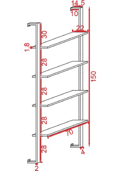 Tolia Home Duvara Monte 4 Katlı Kitaplık Şık Tasarımlı Duvar Rafı Aksesuar Rafı Metal Iskeletli Duvar Dekoru