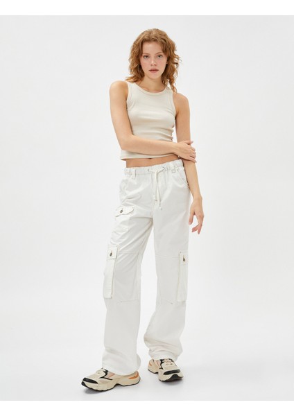 Kargo Pantolon Beli Bağcıklı Büyük Cepli Düğmeli Pamuklu