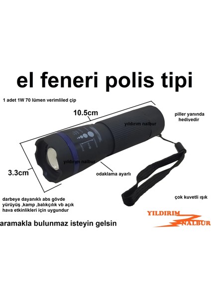 El Feneri Pilli Polis Tipi Siyah Ayarlı Gece Feneri