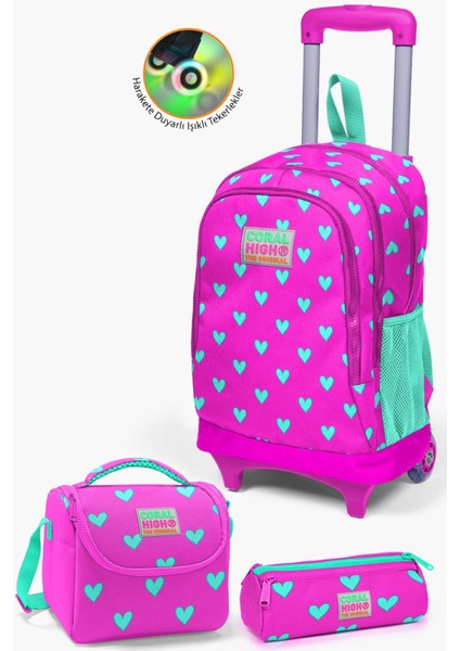 Kids Neon Pembe Su Yeşili Kalp Desenli Çekçekli 3'lü Çanta Seti SET0123133