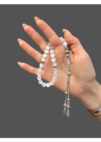 8 mm Küre Kesim Selenit Doğal Taş Tesbih