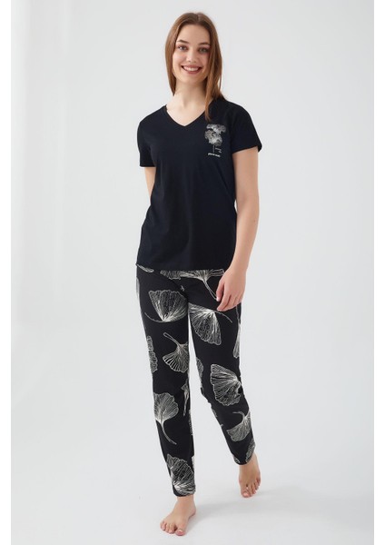 8583 Kadın Wanderful Siyah Kısa Kol Pijama Takım