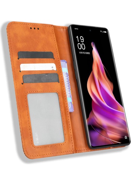 Oppo Reno9 Pro Plus 5g Manyetik Otomatik Kapanış Görüntüleme Stand Retro Doku Pu Deri Flip Cüzdan Telefon Kılıfı (Yurt Dışından)