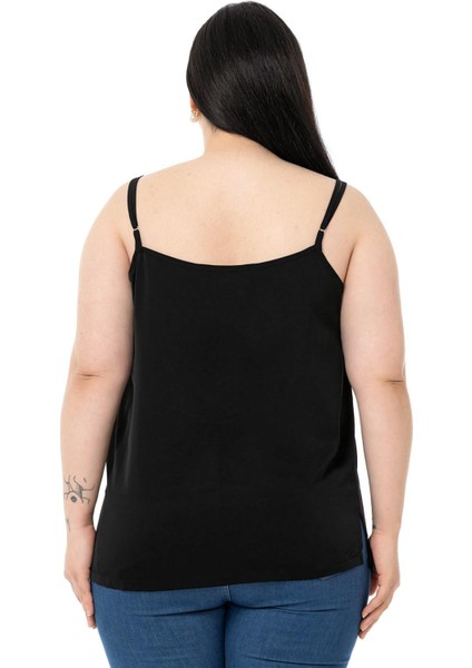 Büyük Beden Yakası Dantelli Ayarlanabilir Ince Askılı Siyah Bluz modelleri