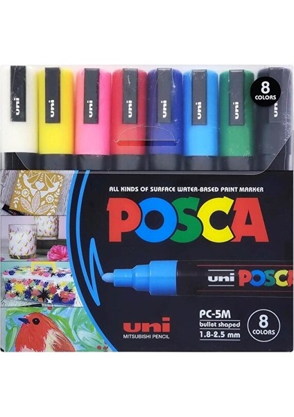 Uni Posca 5m Boyama Markörü Ana Renkler 8'li Set