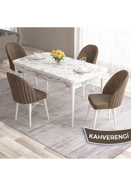 Concept Ves Serisi 80X132 Mdf Açılabilir Beyaz Mermer Desen Mutfak Masası Takımı 4 Sandalye