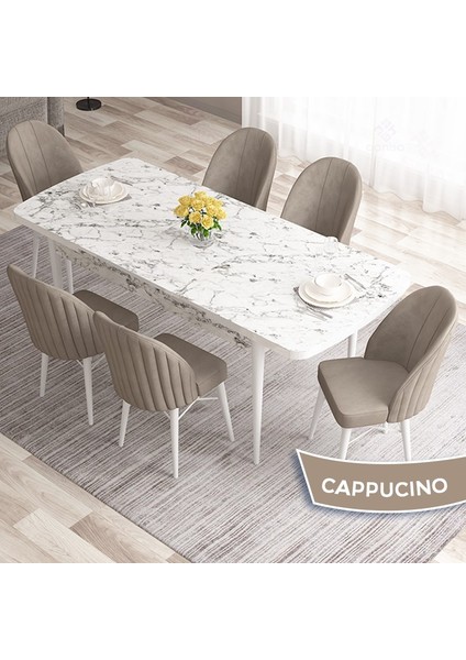 Concept Ves Serisi 80X132 Mdf Açılabilir Beyaz Mermer Desen Mutfak Masa Takımı 6 Sandalye