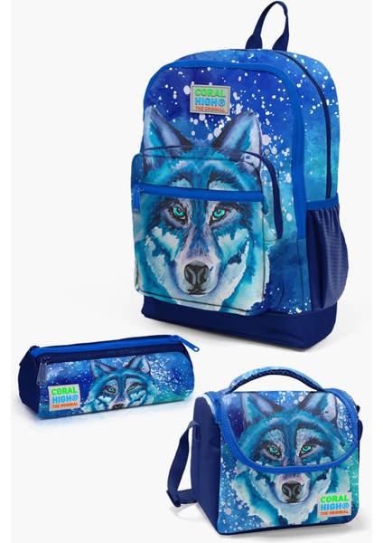 Kids Lacivert Mavi Kurt Desenli 3’lü Okul Çanta Seti SET0123743