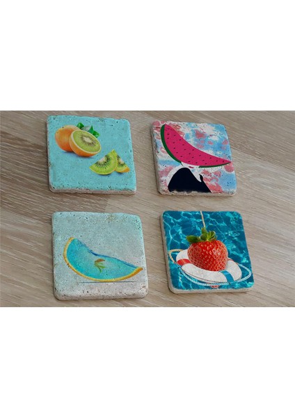 Ilüstrasyon Meyve Manipülasyon Doğal Taş Bardak Altlığı 4'lü Set - Natural Stone Coasters