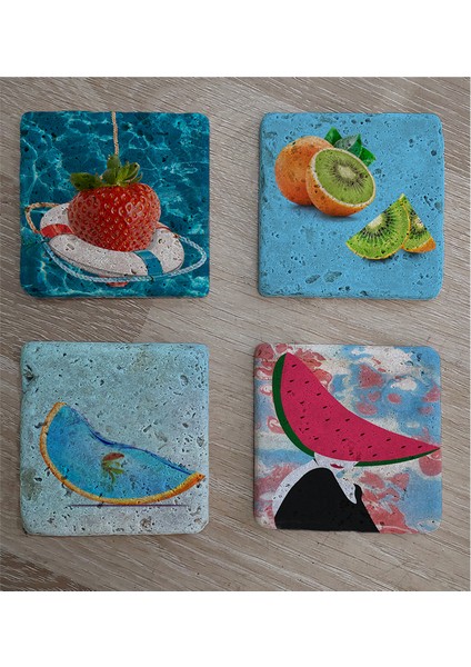 Ilüstrasyon Meyve Manipülasyon Doğal Taş Bardak Altlığı 4'lü Set - Natural Stone Coasters fiyatları
