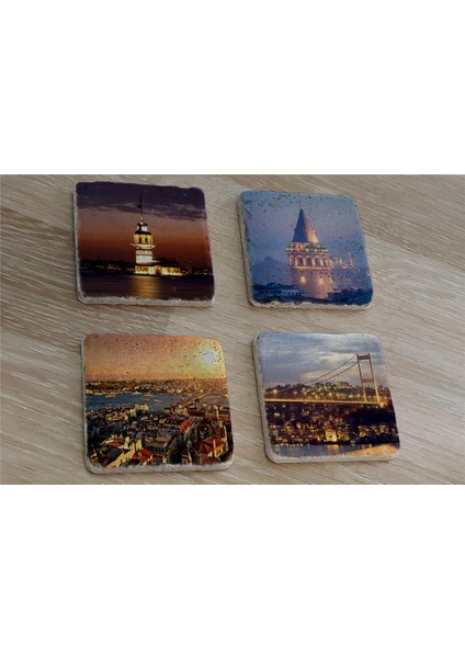 Istanbul Manzaraları Doğal Taş Bardak Altlığı 4'lü Set - Natural Stone Coasters