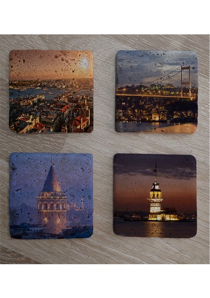 Istanbul Manzaraları Doğal Taş Bardak Altlığı 4'lü Set - Natural Stone Coasters