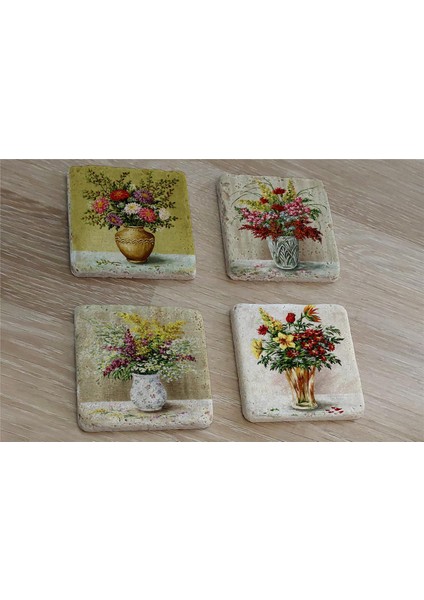Vazoda Çiçekler Doğal Taş Bardak Altlığı 4'lü Set - Natural Stone Coasters
