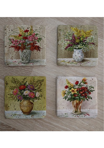 Vazoda Çiçekler Doğal Taş Bardak Altlığı 4'lü Set - Natural Stone Coasters