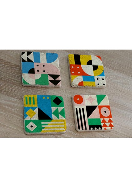 Geometrik Desenler Doğal Taş Bardak Altlığı 4'lü Set - Natural Stone Coasters