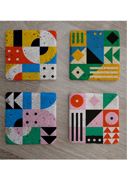 Geometrik Desenler Doğal Taş Bardak Altlığı 4'lü Set - Natural Stone Coasters fiyatları