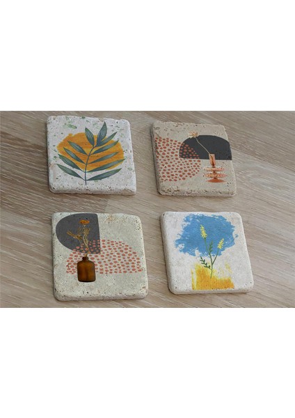 Soyut Çiçek Yaprak ve Objeler Doğal Taş Bardak Altlığı 4'lü Set - Natural Stone Coasters