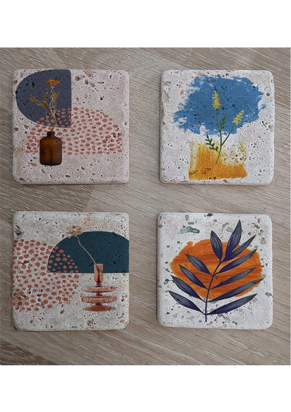 Soyut Çiçek Yaprak ve Objeler Doğal Taş Bardak Altlığı 4'lü Set - Natural Stone Coasters