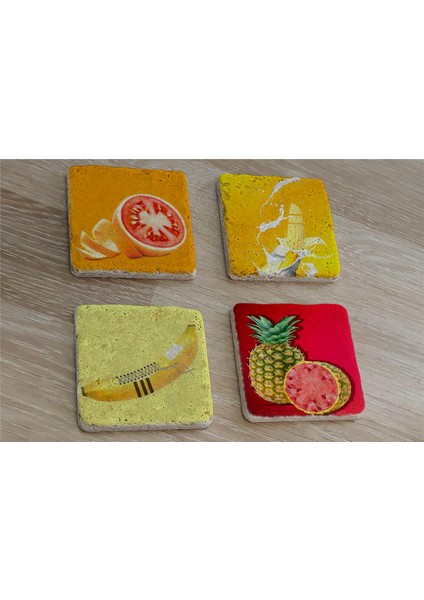 Ilüstrasyon Meyve Manipülasyon Doğal Taş Bardak Altlığı 4'lü Set - Natural Stone Coasters