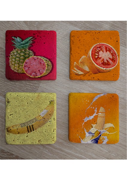 Ilüstrasyon Meyve Manipülasyon Doğal Taş Bardak Altlığı 4'lü Set - Natural Stone Coasters fiyatları