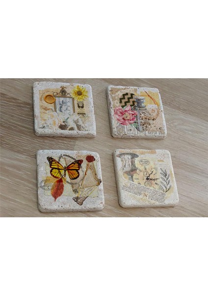 Vintage Kelebekli Kolaj Doğal Taş Bardak Altlığı 4'lü Set - Natural Stone Coasters