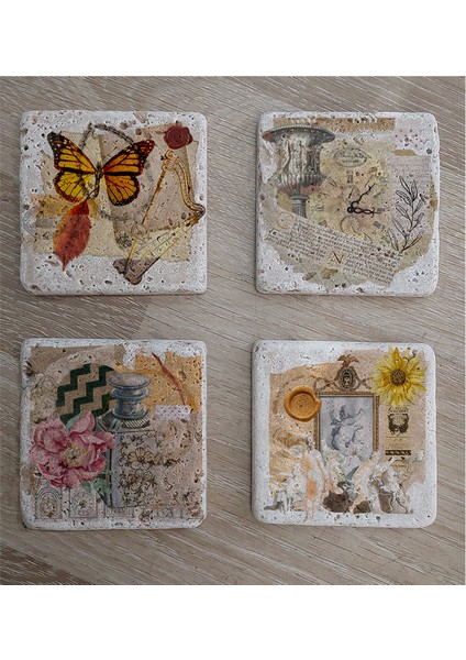 Vintage Kelebekli Kolaj Doğal Taş Bardak Altlığı 4'lü Set - Natural Stone Coasters fiyatları
