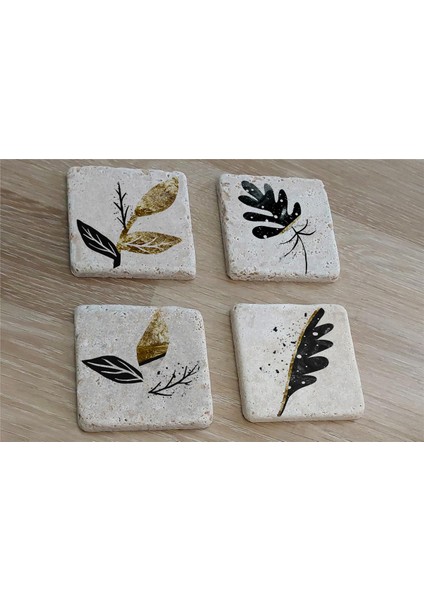 Altın Desenli Yapraklı Doğal Taş Bardak Altlığı 4'lü Set - Natural Stone Coasters