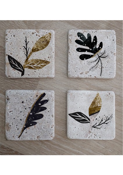 Altın Desenli Yapraklı Doğal Taş Bardak Altlığı 4'lü Set - Natural Stone Coasters fiyatları